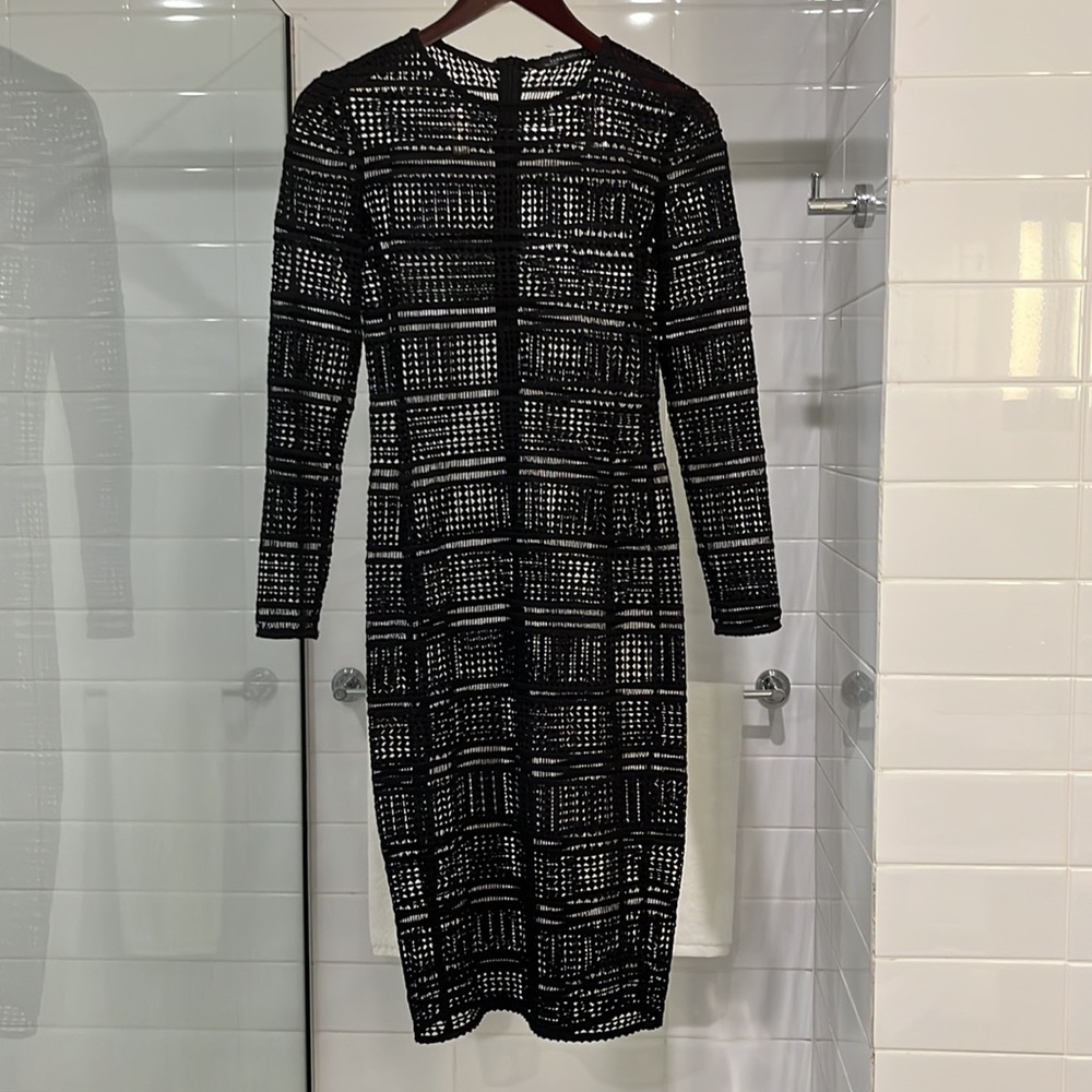 ZARA Black Lattice Crochet Lace Long Sleeve Midi Shift Dress - Picture 2 of 10